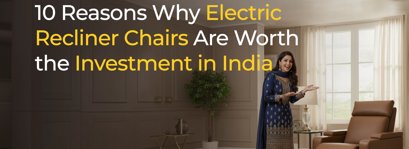 A modern electric recliner chair in a stylish Indian living room showcasing comfort, luxury design, and smart features like USB charging and cup holder.