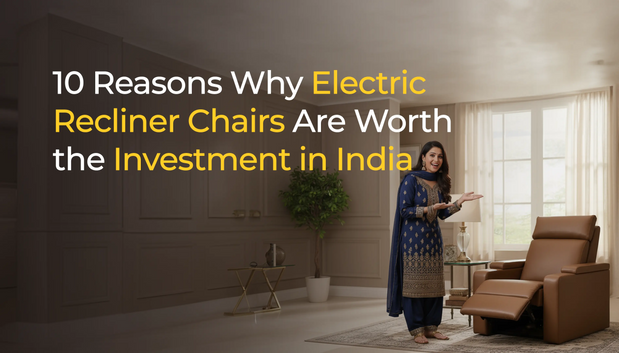 A modern electric recliner chair in a stylish Indian living room showcasing comfort, luxury design, and smart features like USB charging and cup holder.