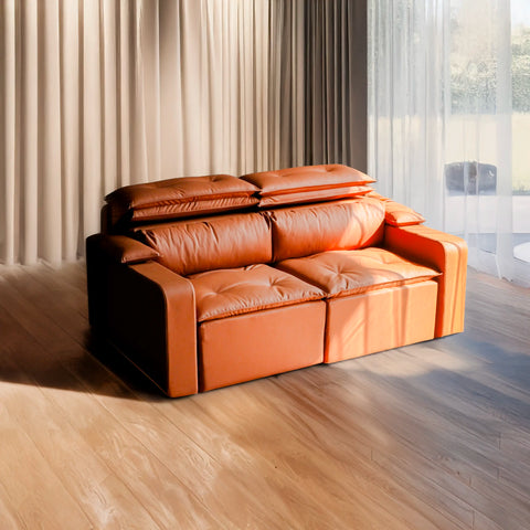 Two seater electric recliner sofa cum bed in living room space.