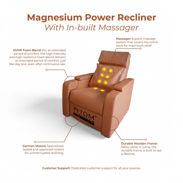 Magnesium recliner chair with built-in massager features.