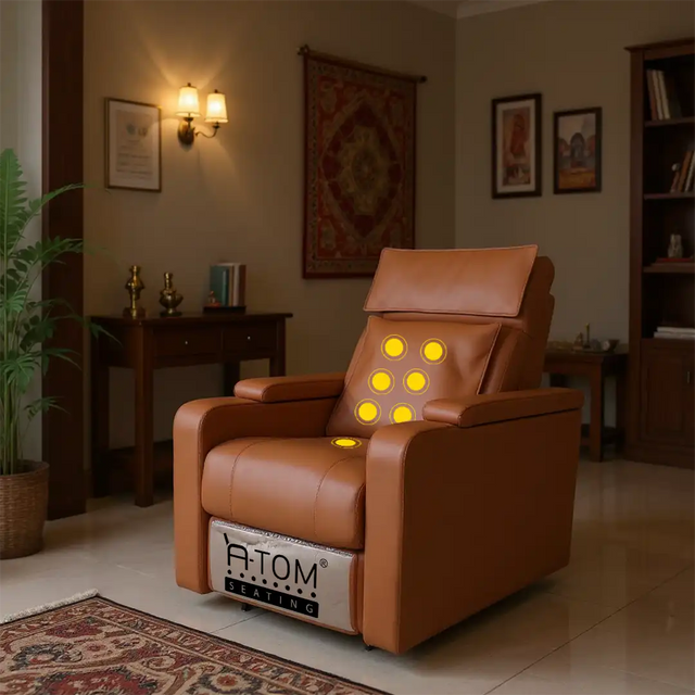 Brown massage recliner chair in a living room setting.