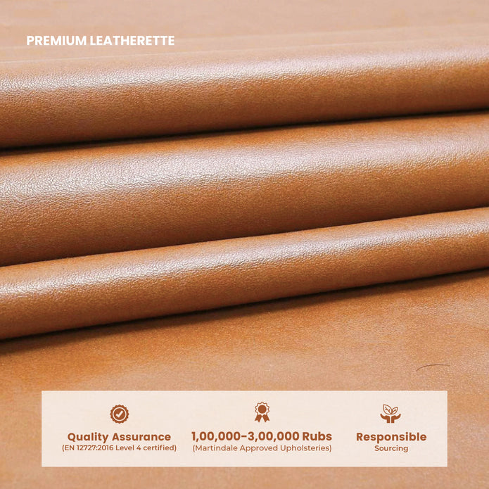 Brown leatherette material with quality assurance and responsible sourcing information.