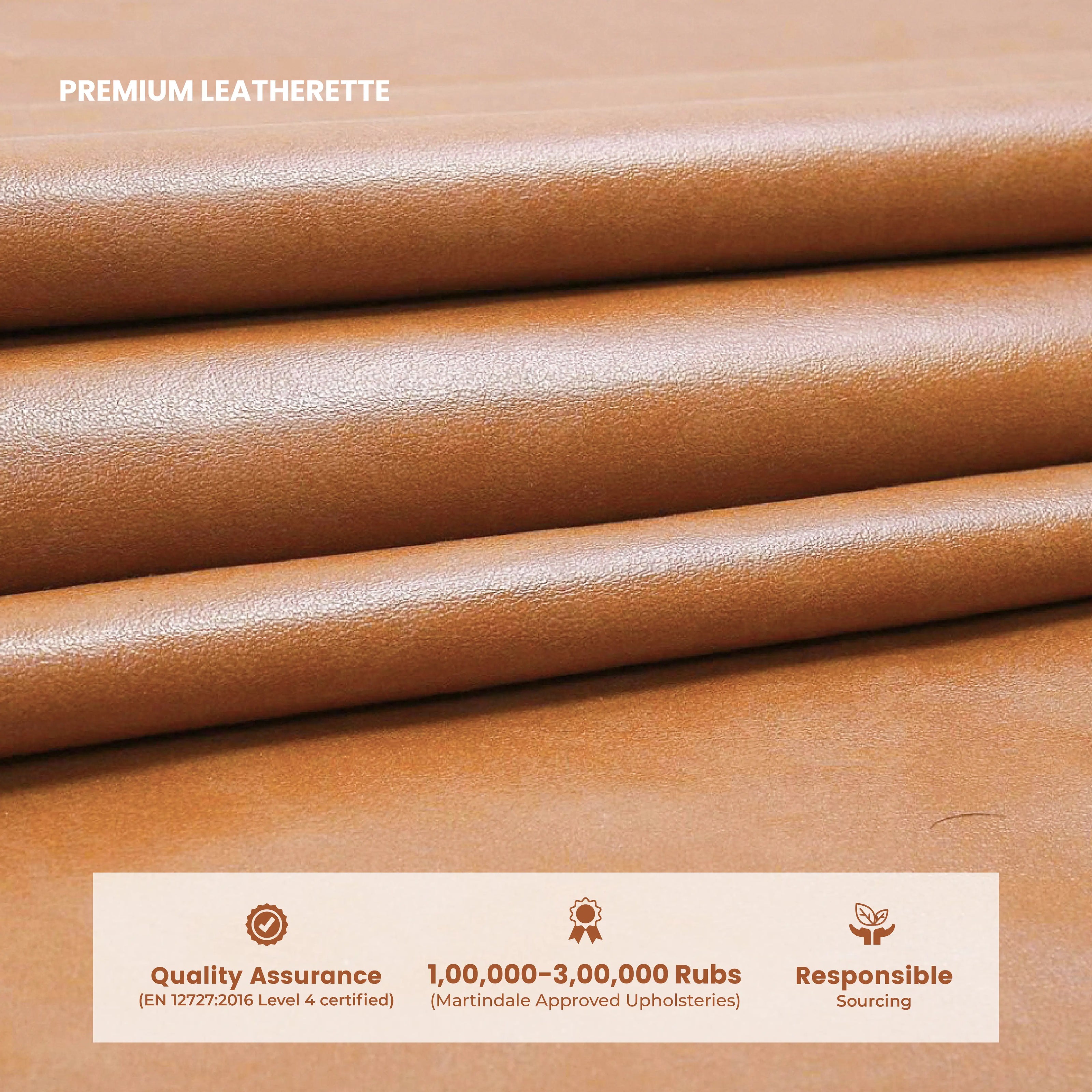 Brown leatherette material with quality assurance and responsible sourcing information.