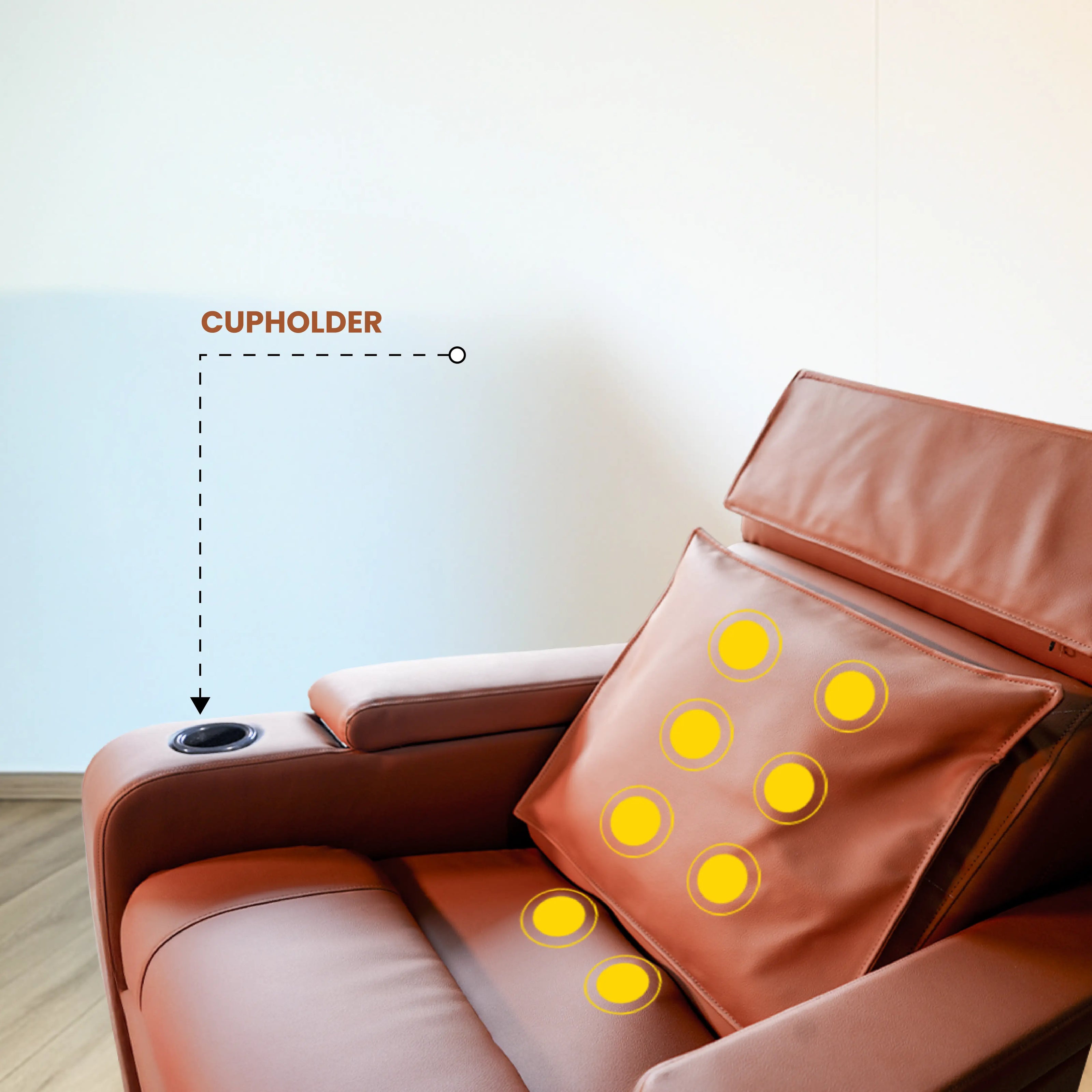 Brown leather massage recliner with cupholder and massage points highlighted .