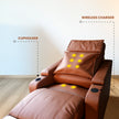 Brown massage recliner chair with cupholder and wireless charger.