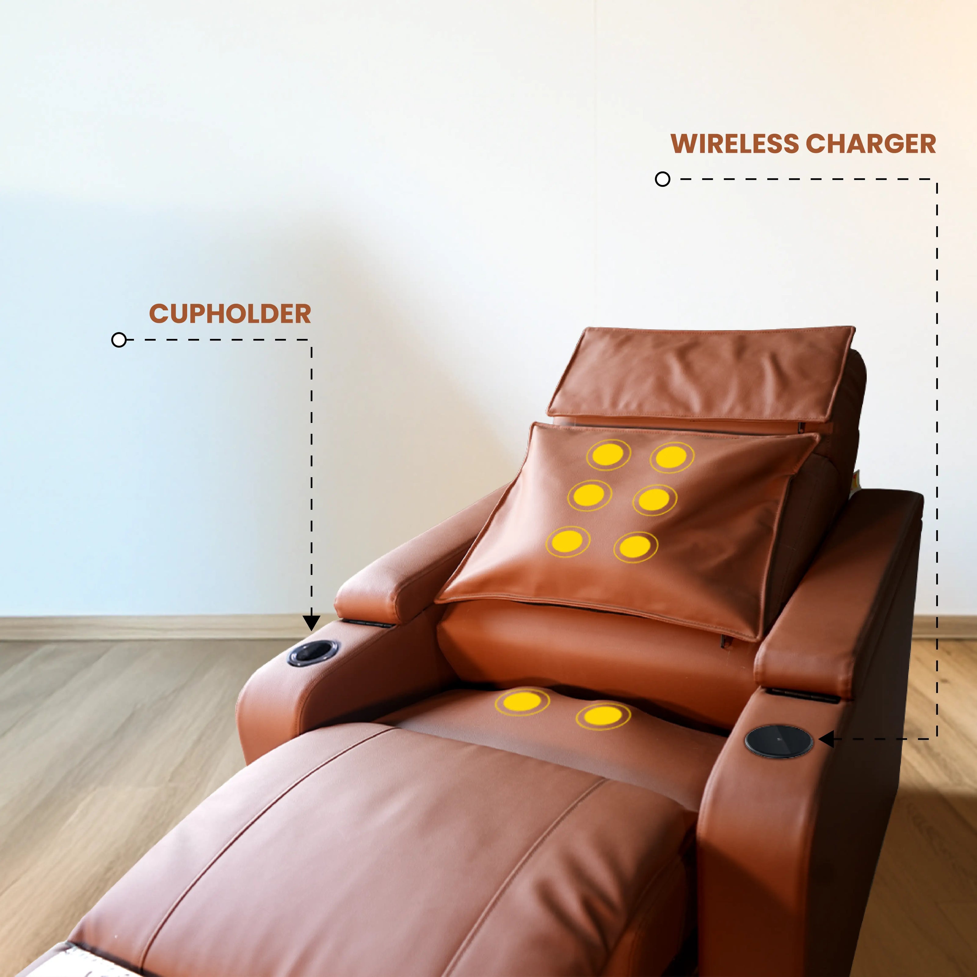 Brown massage recliner chair with cupholder and wireless charger.