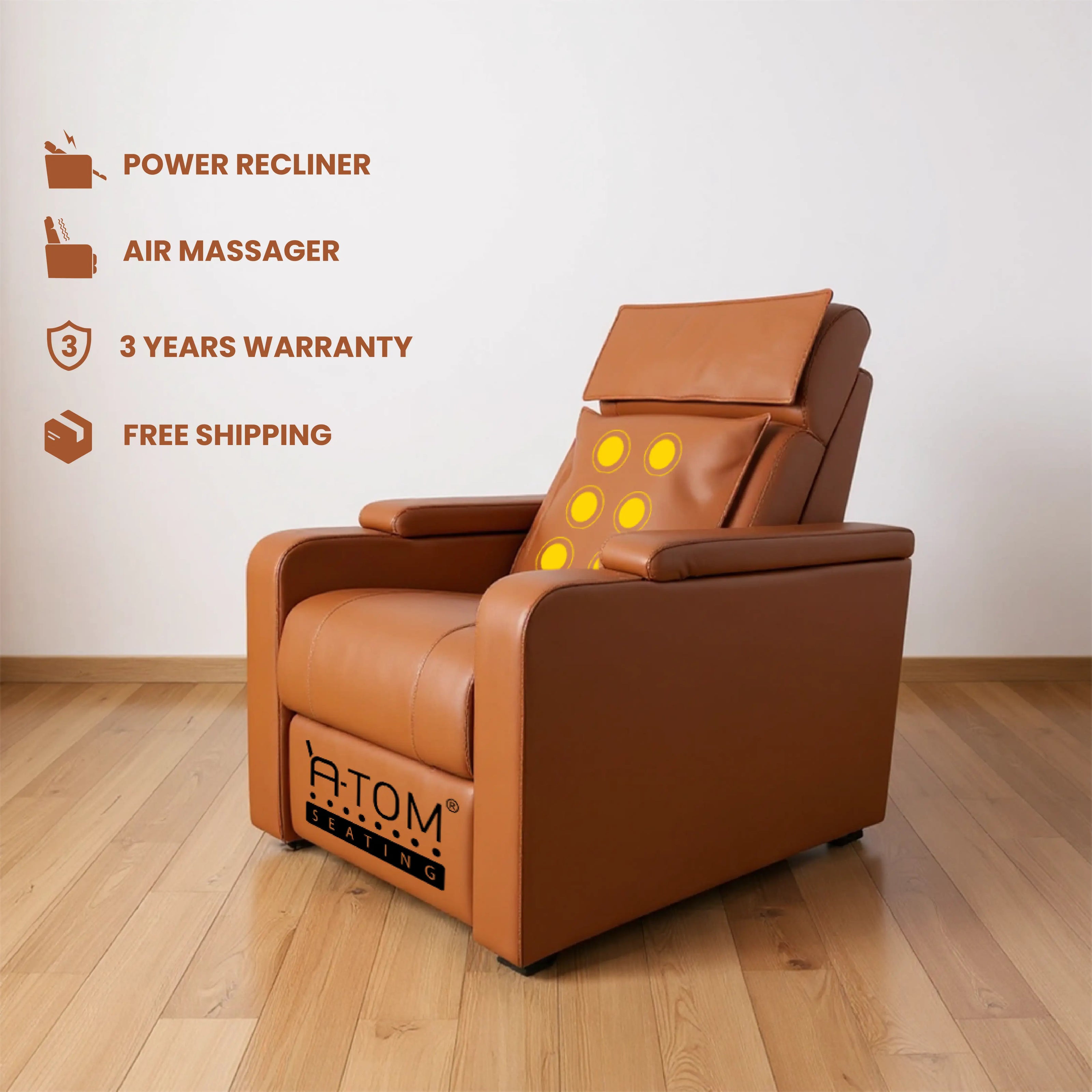 Brown power recliner chair with massage features.
