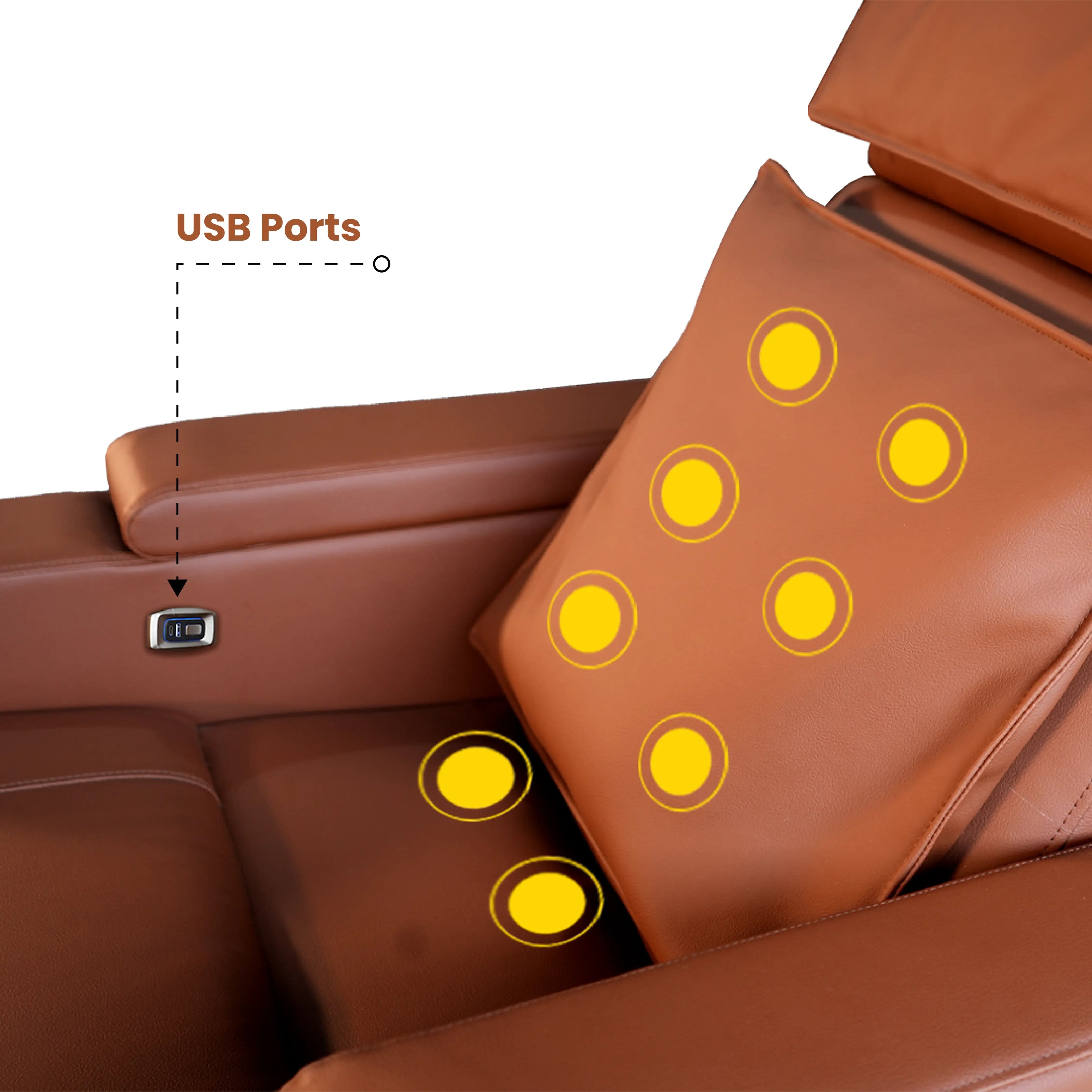Magnesium massage recliner with USB ports and massage points indicated on the backrest.