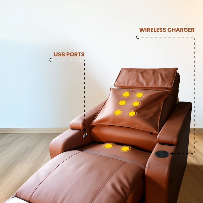 Brown massage chair with USB ports and wireless charger.