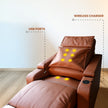 Brown massage chair with USB ports and wireless charger.