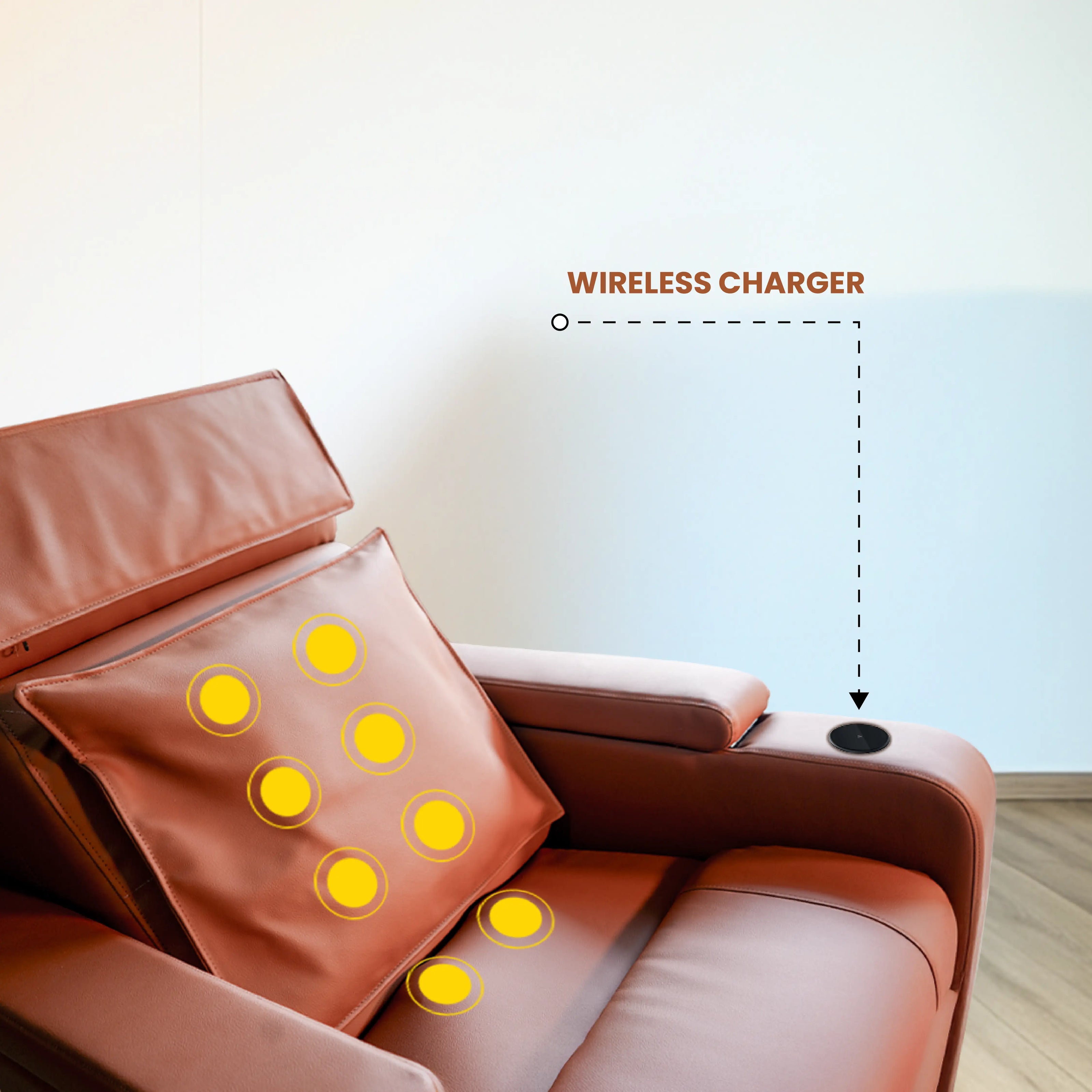 Brown leather massager sofa with a wireless charger.
